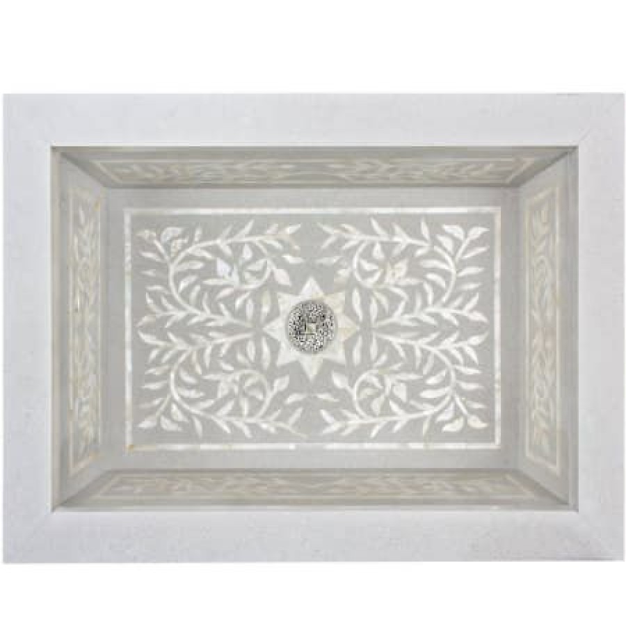 Linkasink 20-3/4 Rectangular White Marble With Mother Of Pearl Inlay Drop In Bathroom Sink Clearance