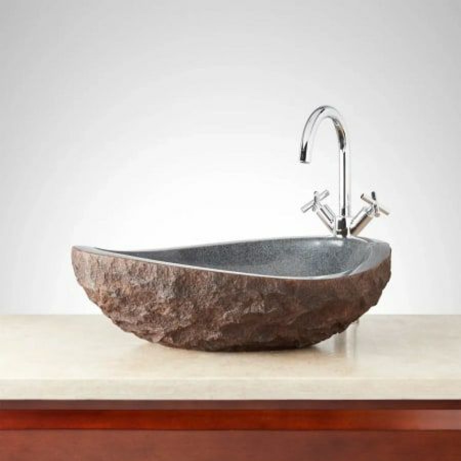 Signature Hardware Asymmetrical Granite Vessel Sink With Dark Granite Chiseled Exterior Online