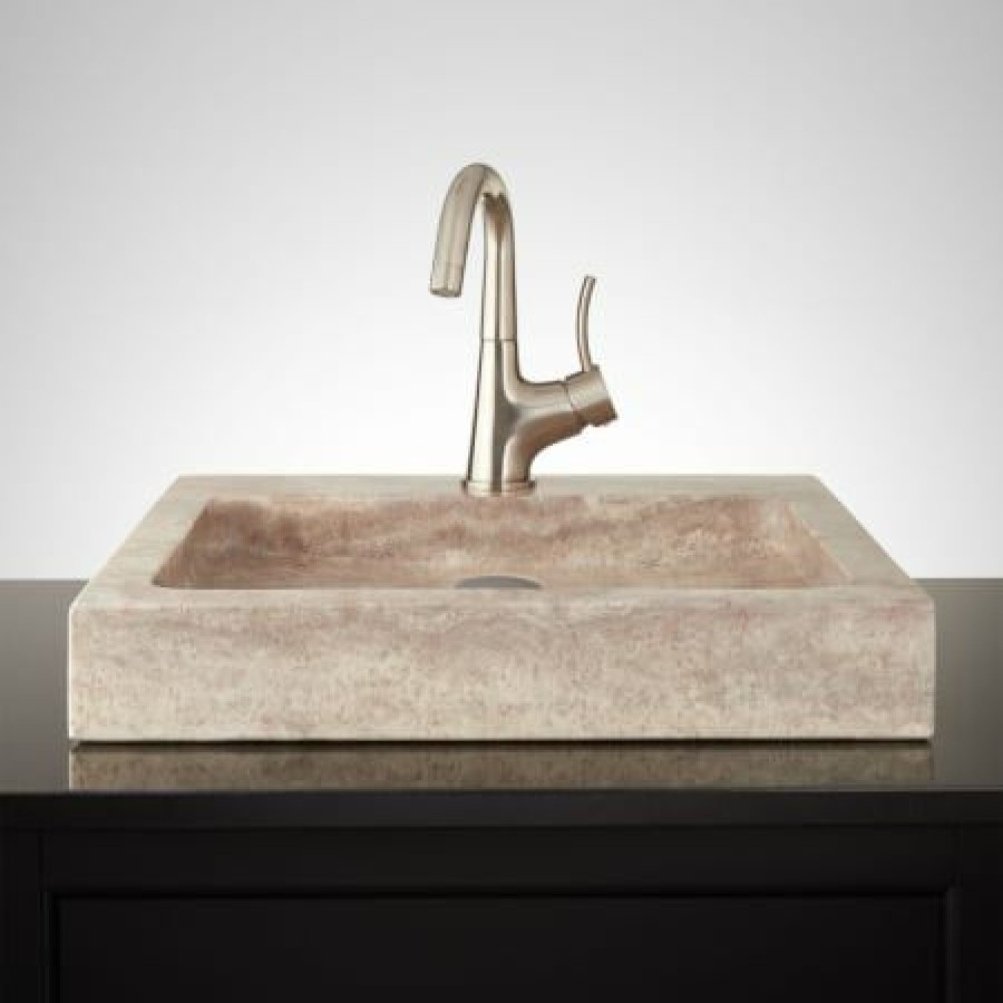 Signature Hardware 20 Square Polished Travertine Vessel Sink With Single Faucet Hole Online