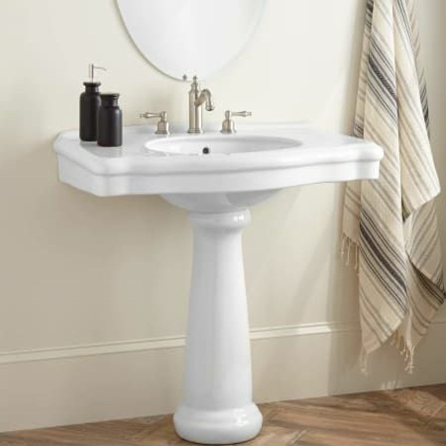 Signature Hardware Carden 34 Porcelain Pedestal Bathroom Sink With 3 Faucet Holes At 8 Centers Best