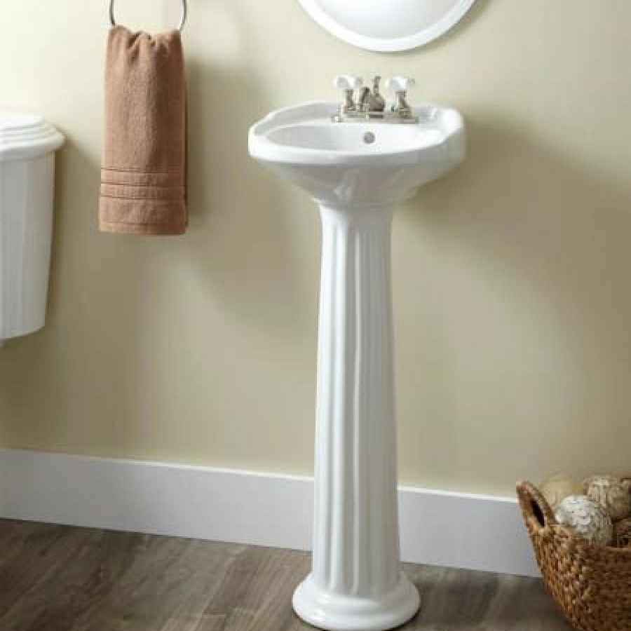 Signature Hardware Victorian 15-1/4 Porcelain Pedestal Bathroom Sink With 3 Faucet Holes At 4 Centers Clearance