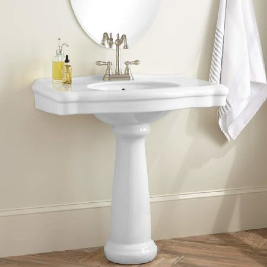 Signature Hardware Carden 34 Porcelain Pedestal Bathroom Sink With Overflow And 3 Faucet Holes At 4 Centers Hot