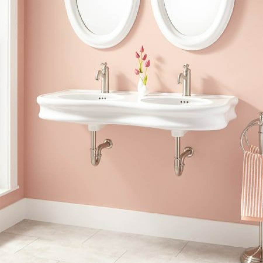 Signature Hardware Adler 46 Vitreous China Wall Mounted Double Basin Bathroom Sink With 1 Faucet Hole Online